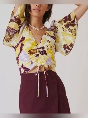 Maeve Anthropologie Floral Ruched V-Neck Drawstring Crop Top - Yellow & Plum Med